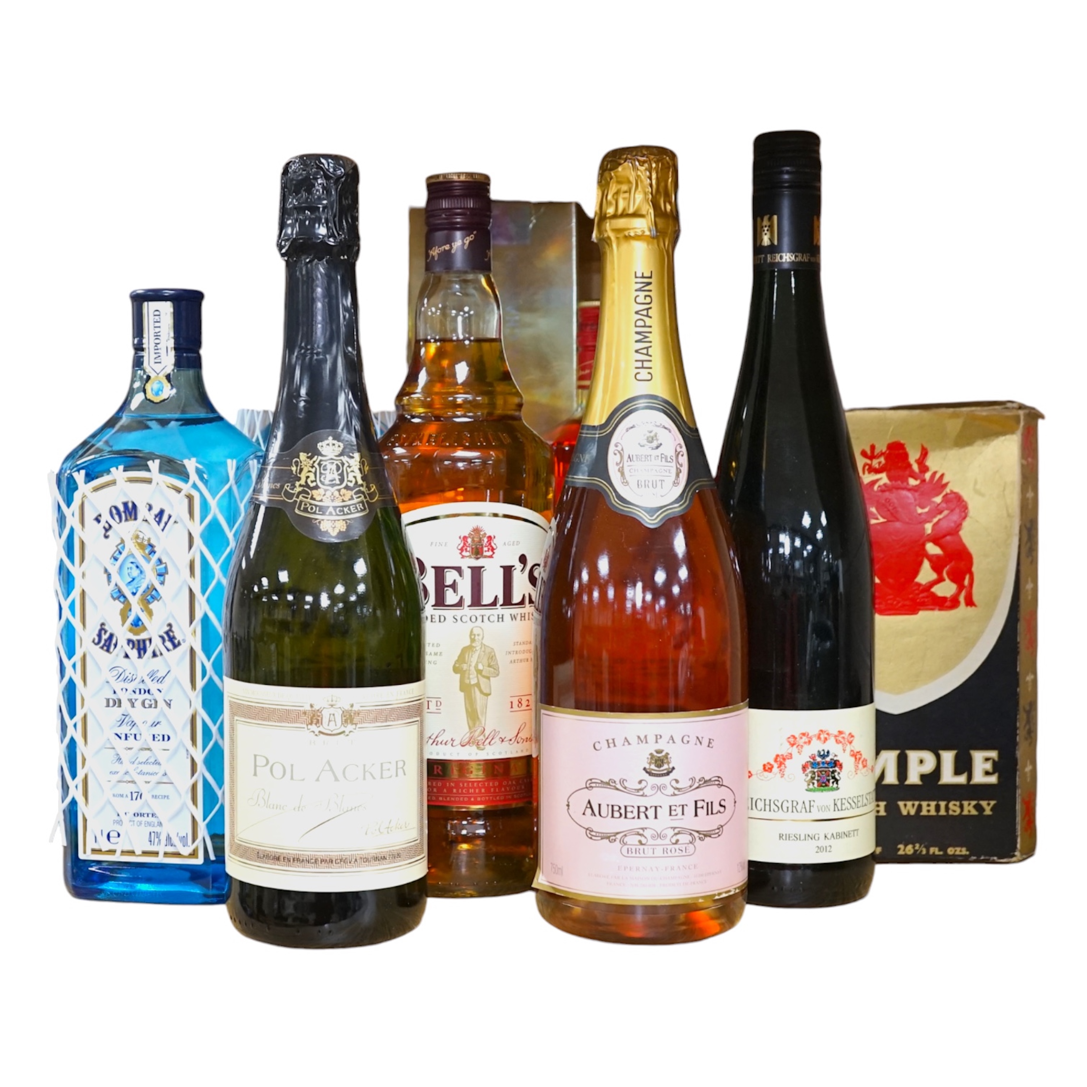 Nine various bottles of wine and spirits to include Albert Et Fils champagne, Bells Scotch whisky and Bombay Sapphire gin. Condition - good, storage history unknown